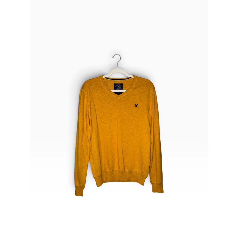 American Eagle Men's Mustard Yellow V-Neck Sweater Athletic Fit Cotton M